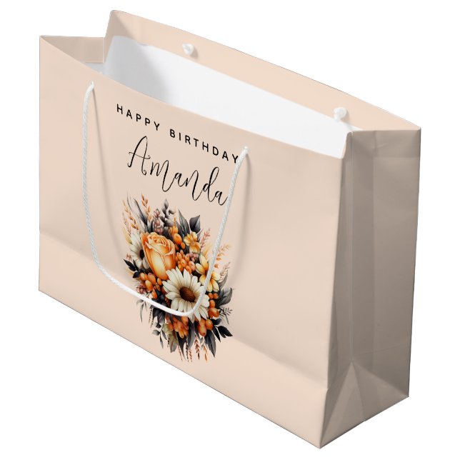 Orange Yellow Grey Flower Bouquet Birthday Large Gift Bag (Front Angled)