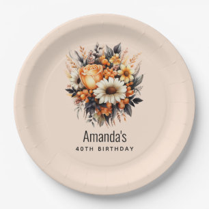 Orange Yellow Grey Flower Bouquet Birthday Paper Plate