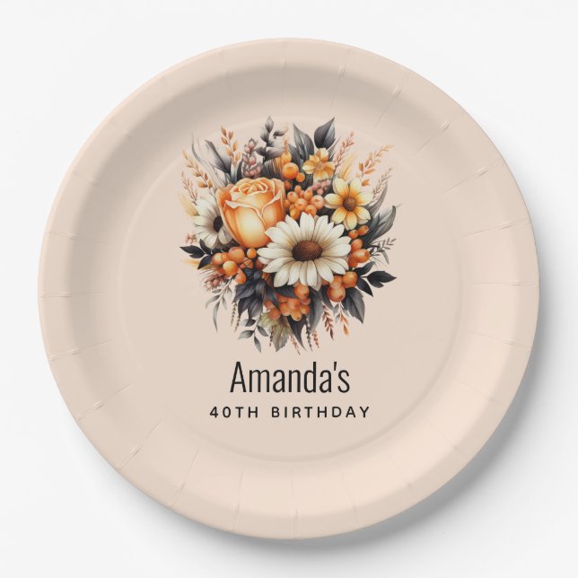 Orange Yellow Grey Flower Bouquet Birthday Paper Plate (Front)