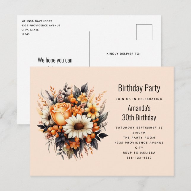 Orange Yellow Grey Flower Bouquet Birthday Party Postcard (Front/Back)