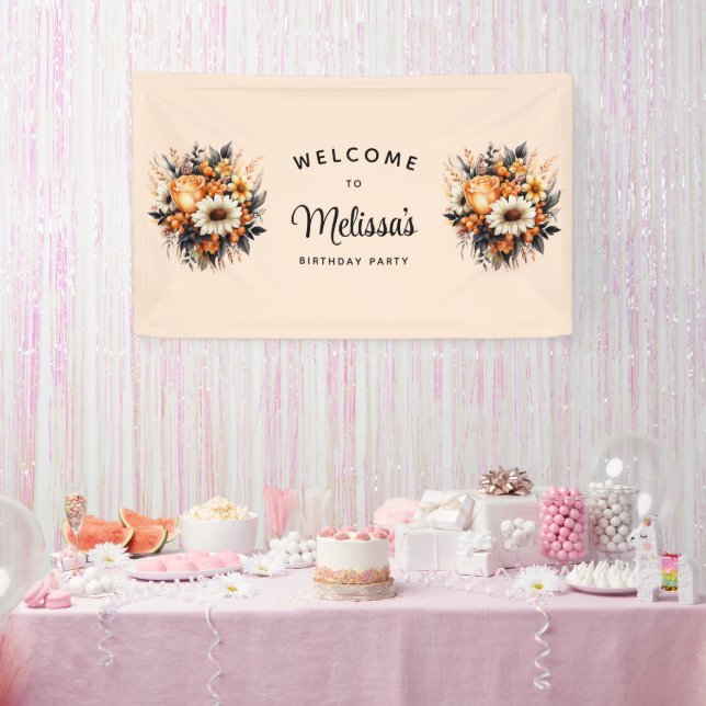 Orange Yellow Grey Flower Bouquet Birthday Welcome Banner (Party)