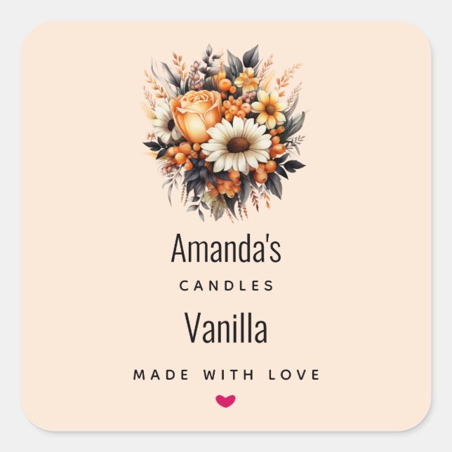 Orange Yellow Grey Flower Bouquet Candle Business Square Sticker (Front)