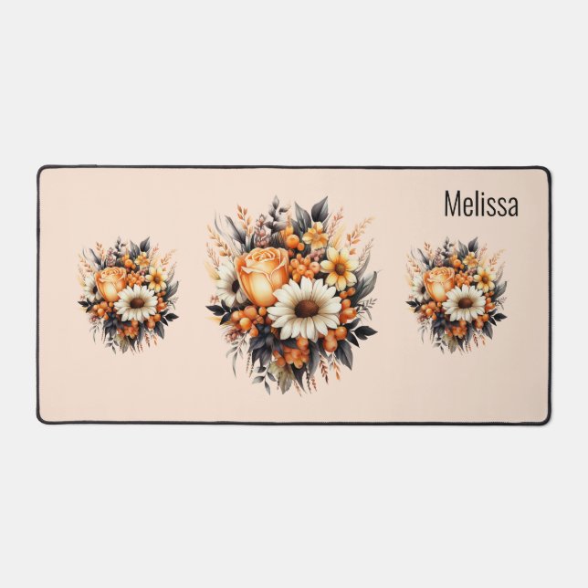 Orange Yellow Grey Flower Bouquet Desk Mat (Front)