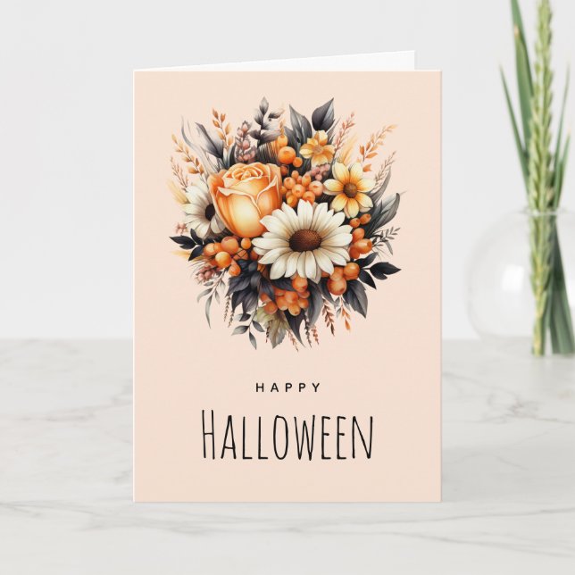 Orange Yellow Grey Flower Bouquet Halloween Card (Front)