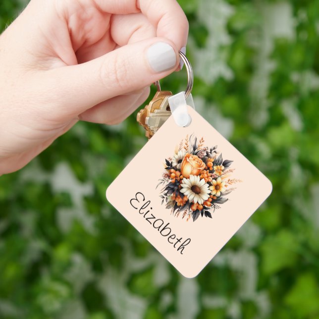 Orange Yellow Grey Flower Bouquet Key Ring (Hand)