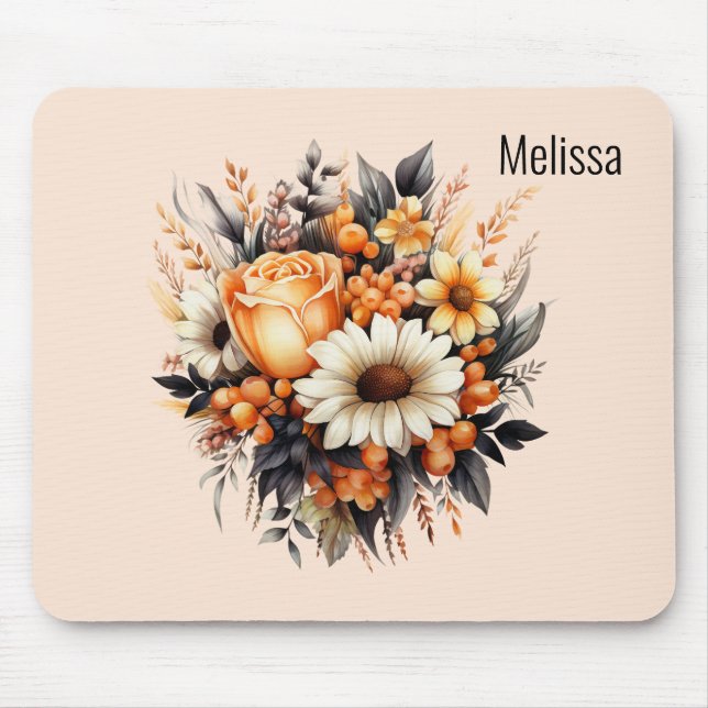 Orange Yellow Grey Flower Bouquet Mouse Mat (Front)
