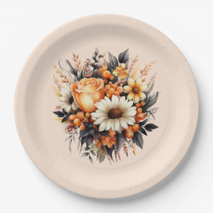 Orange Yellow Grey Flower Bouquet Paper Plate