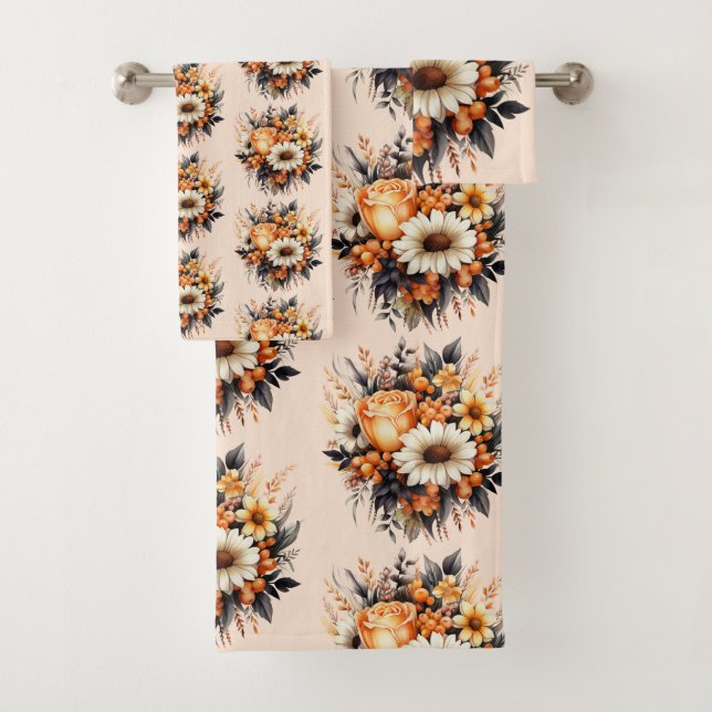 Orange Yellow Grey Flower Bouquet Pattern Bath Towel Set (Insitu)