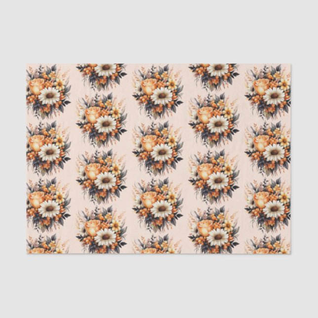 Orange Yellow Grey Flower Bouquet Pattern Tissue Paper (Front)