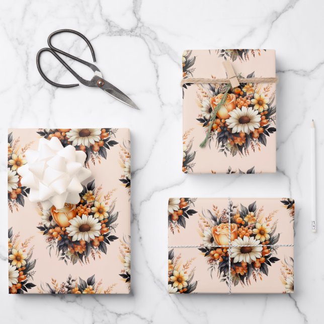  Orange Yellow Grey Flower Bouquet Pattern Wrapping Paper Sheet (Front)