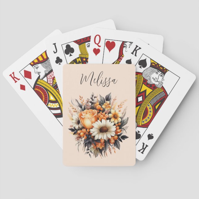 Orange Yellow Grey Flower Bouquet Playing Cards (Back)
