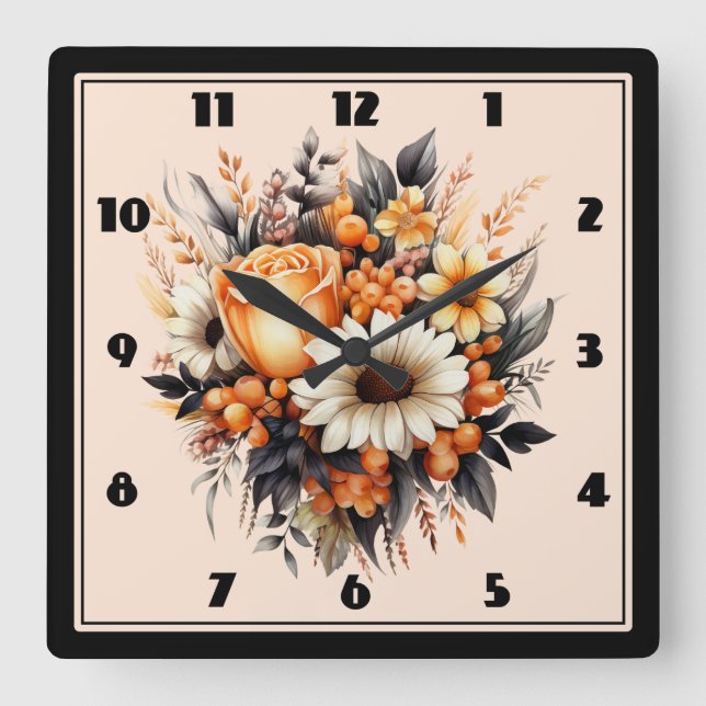 Orange Yellow Grey Flower Bouquet Square Wall Clock (Front)
