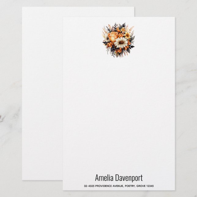 Orange Yellow Grey Flower Bouquet Stationery (Front/Back)