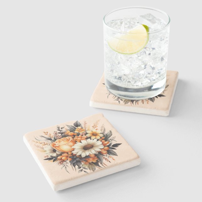 Orange Yellow Grey Flower Bouquet Stone Coaster (Side)