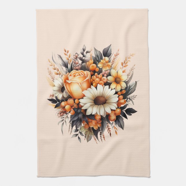 Orange Yellow Grey Flower Bouquet Tea Towel (Vertical)
