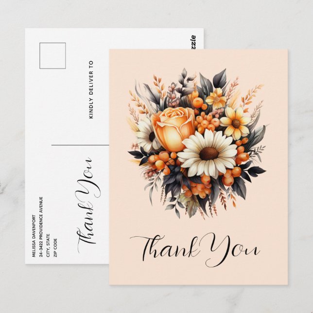 Orange Yellow Grey Flower Bouquet Thank You Postcard (Front/Back)