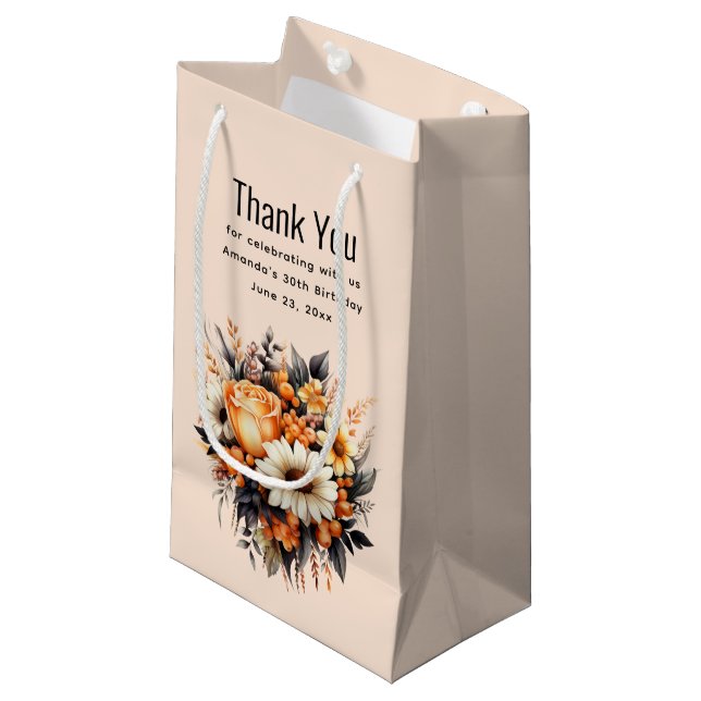 Orange Yellow Grey Flower Bouquet Thank You Small Gift Bag (Front Angled)