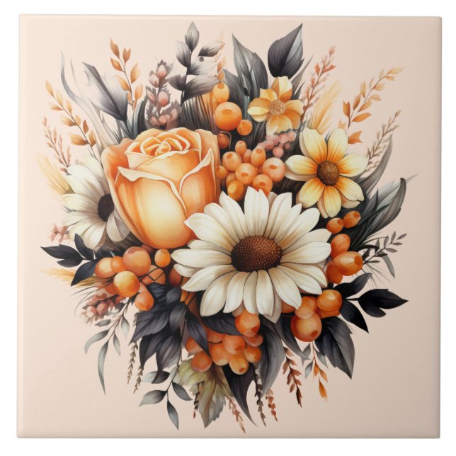 Orange Yellow Grey Flower Bouquet Tile (Front)