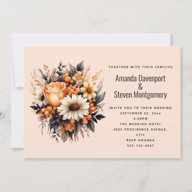 Orange Yellow Grey Flower Bouquet Wedding Invitation (Front)