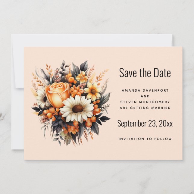 Orange Yellow Grey Flower Bouquet Wedding Save The Date (Front)