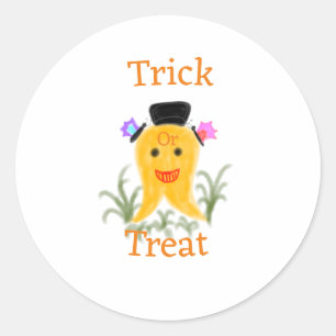 Orange yellow halloween ghost trick or treat add n classic round sticker