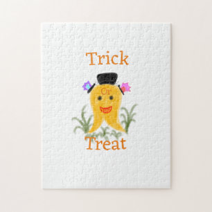 Orange yellow halloween ghost trick or treat add n jigsaw puzzle