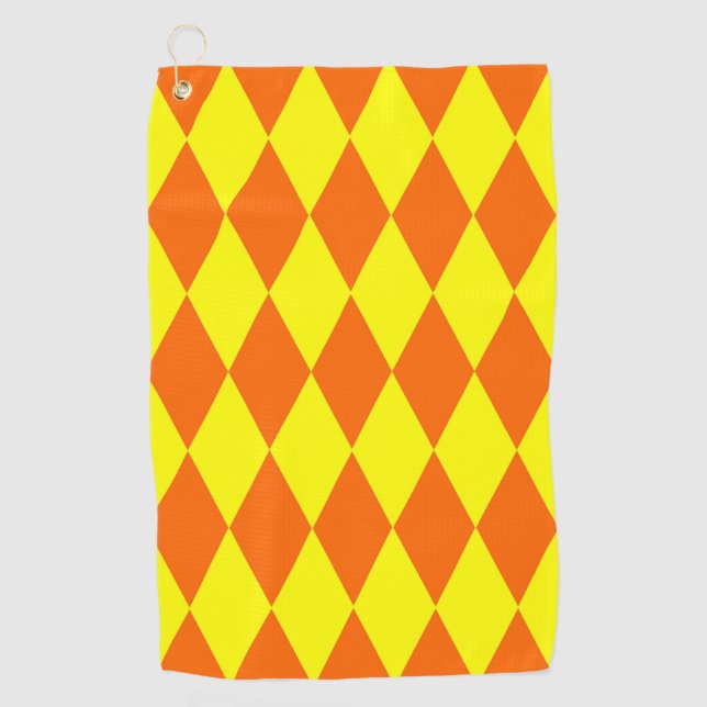 Orange Yellow Harlequin Checkered Design  Golf Towel (Front)
