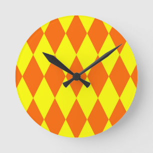 Orange Yellow Harlequin Checkered Design  Round Clock