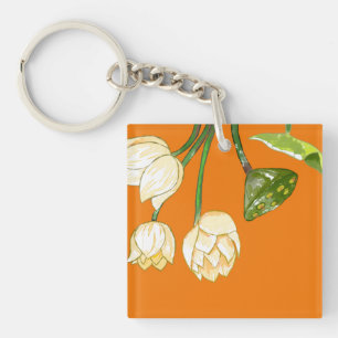 Orange Yellow Lotus Flowers & Lotus Seedpod Keycha Key Ring
