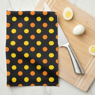 Orange Yellow On Black Polka Dots Design Tea Towel
