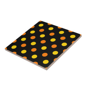 Orange Yellow On Black Polka Dots Design Tile