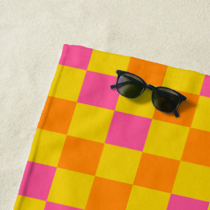 Orange Yellow Pink Chequered Pattern Design Beach Towel