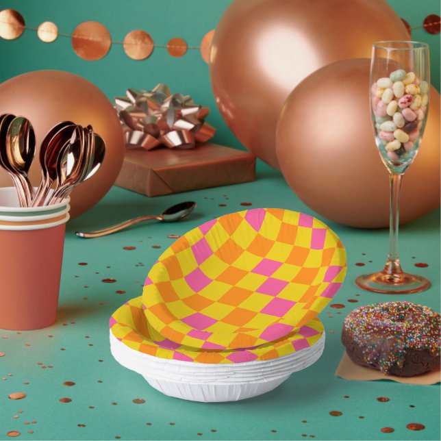 Orange Yellow Pink Chequered Pattern Design  Paper Plate (Multi)