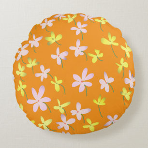 Orange Yellow Pink Minimalist Floral Botanical Round Cushion