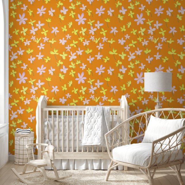 Orange Yellow Pink Minimalist Floral Botanical  Wallpaper (Kids)