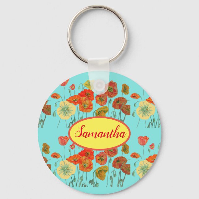 Orange Yellow Poppies Floral Aqua Poppy Girls Name Key Ring (Front)