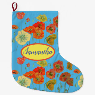 Orange Yellow Poppies Floral Blue Flowers Large Christmas Stocking