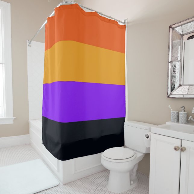 Orange, Yellow, Purple and Black Stripes Shower Curtain (In Situ)