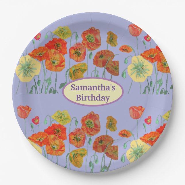 Orange Yellow Purple Poppy Poppies Flower Birthday Paper Plate (Front)