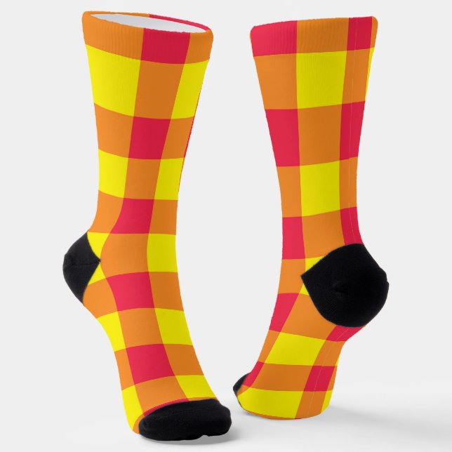 Orange Yellow Red Plaid Chequered Pattern Socks (Angled)