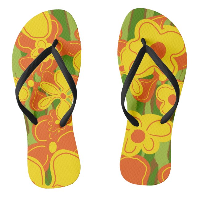 Orange Yellow Retro Flowers on Green Flip Flops (Footbed)