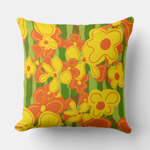 Orange Yellow Retro Flowers on Striped Green Cushion