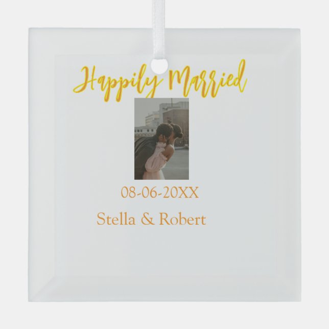Orange yellow retro photo happily married couple glass tree decoration (Front)