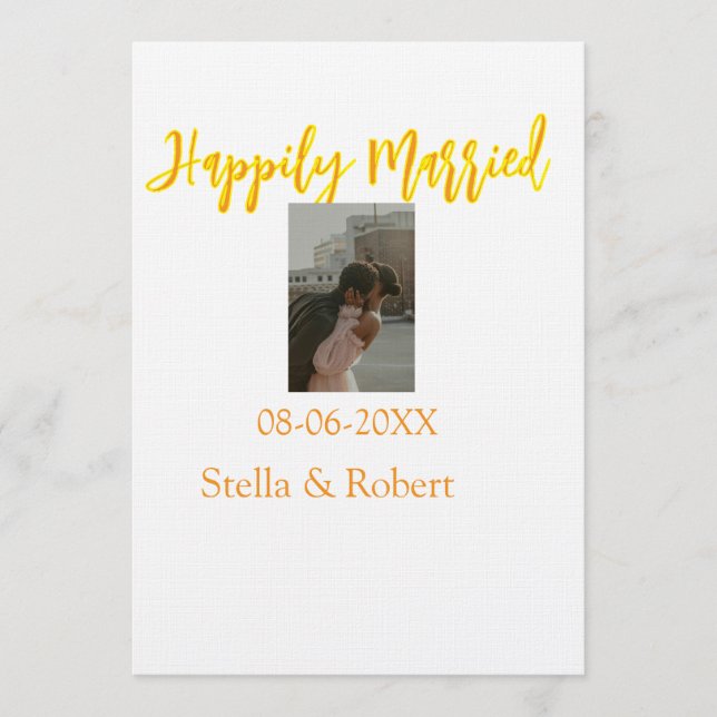 Orange yellow retro photo happily married couple invitation (Front)