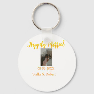 Orange yellow retro photo happily married couple key ring
