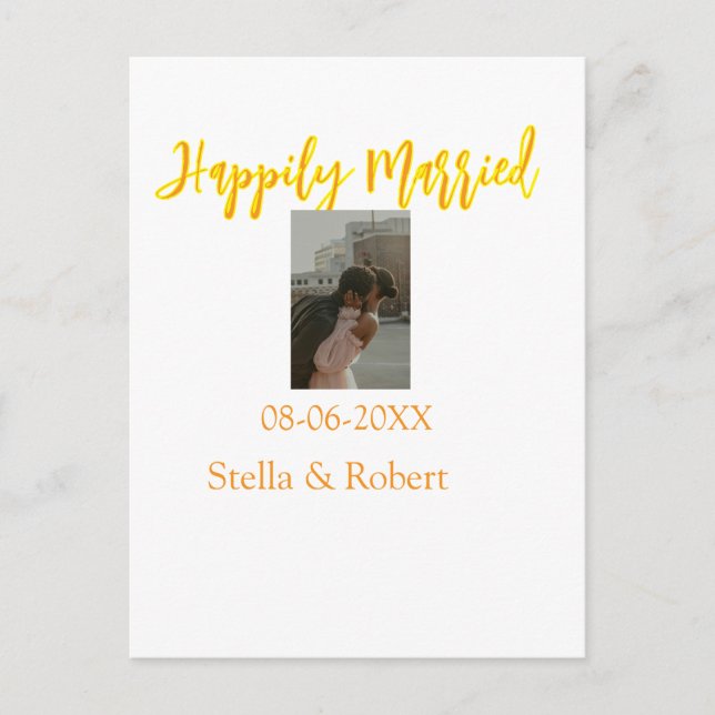 Orange yellow retro photo happily married couple postcard (Front)