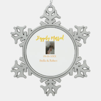 Orange yellow retro photo happily married couple snowflake pewter christmas ornament