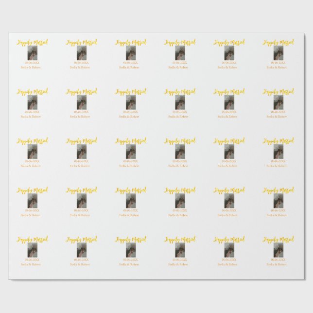Orange yellow retro photo happily married couple wrapping paper (Flat)