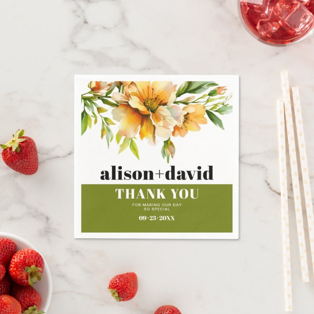 Orange yellow rhododendron flowers fall wedding napkin (Insitu)