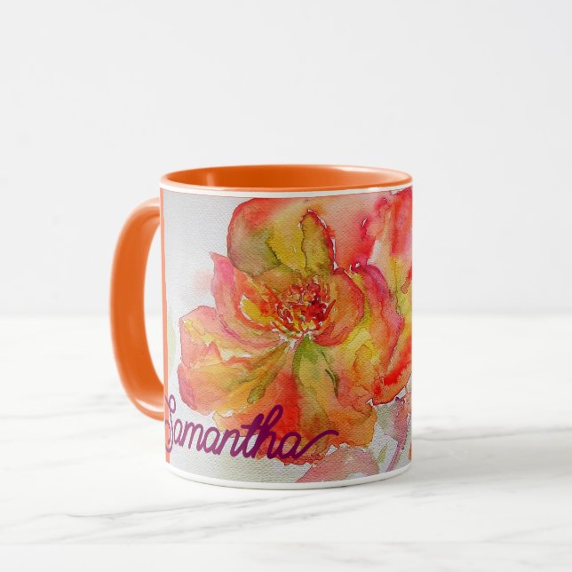 Orange Yellow Rose Watercolor Painting Floral Mug (Front Left)